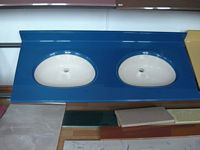 Completed Two-Tone Cultured Marble Double Bowl Vanity Top made from 144" Adjustable No Bowl All Purpose